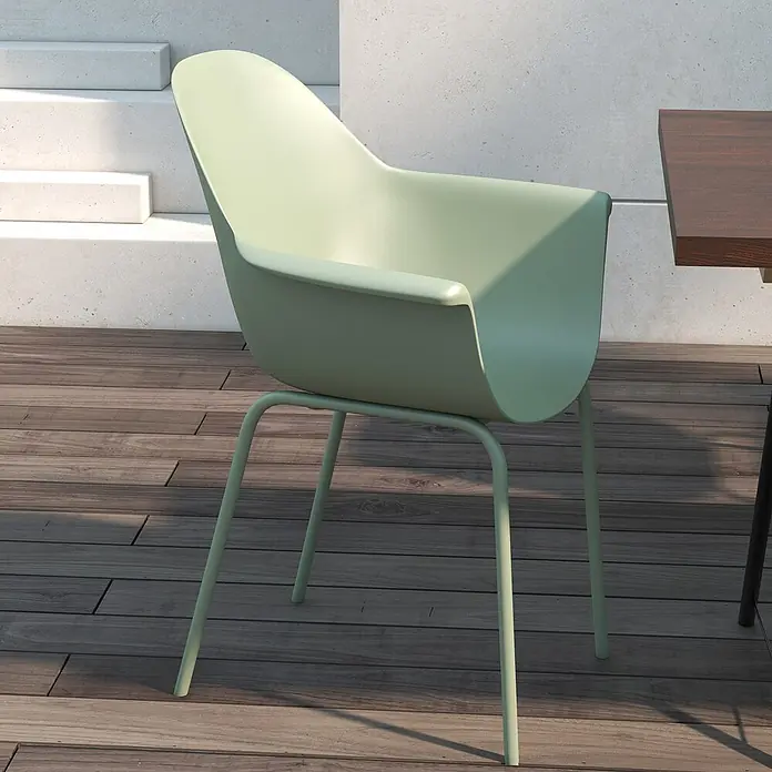 Outsunny Gartenstuhl-Set - 4 Stk., Stahl, Kunststoff, Grün, B x T x H: 55 x 55 x 84 cm - Hellgrüner moderner Sessel auf Holzdeck, bereit für Mahlzeiten im Freien.