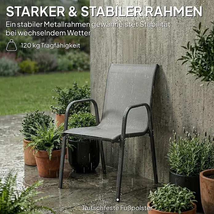 Outsunny Gartenstuhl-Set - 4 Stk., 100% Netzstoff, Stapelbar, Hellgrau - Grauer Gartenstuhl mit Metallrahmen und Netzstoff-Sitz, steht im Regen. Er ist langlebig und stabil.