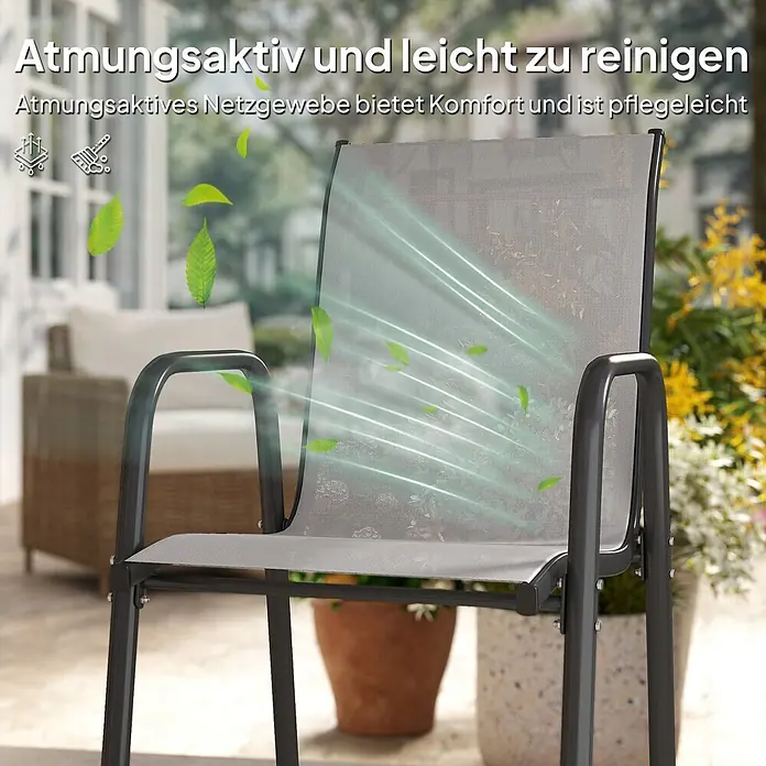Outsunny Gartenstuhl-Set - 4 Stk., 100% Netzstoff, Stapelbar, Hellgrau - Grauer Terrassenstuhl aus Netzgewebe, betont atmungsaktives und pflegeleichtes Design für Komfort im Freien.