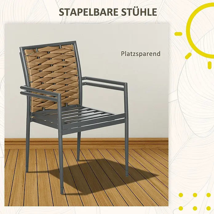 Outsunny Gartenstuhl-Set - 2 Stk., PE-Rattangeflecht, Mehrfarbig, B x T x H: 58 x 58 x 87 cm - Stapelbarer grauer Stuhl mit geflochtener beiger Rückenlehne und Lattenrostsitz auf Holzfußboden.
