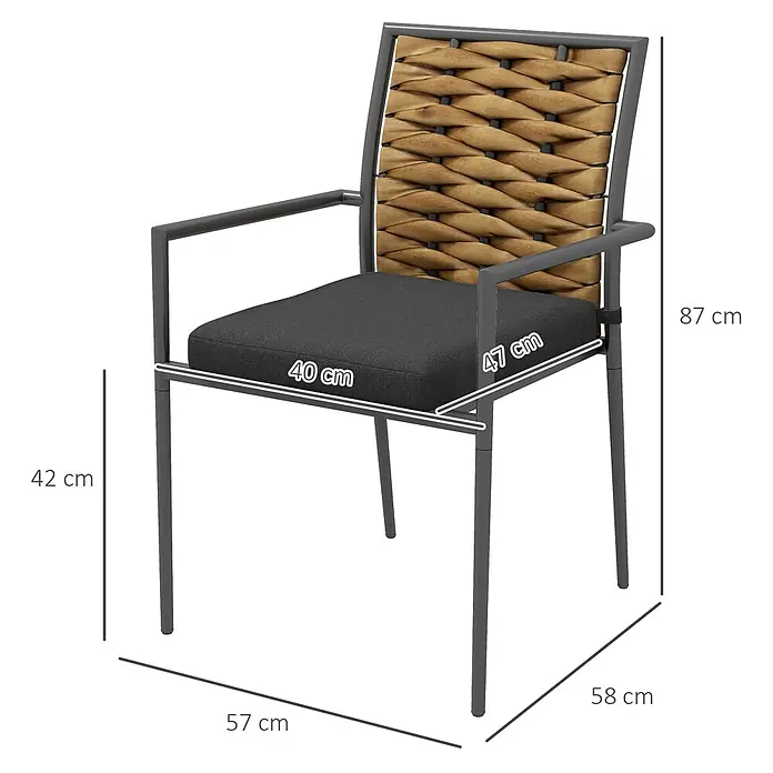 Outsunny Gartenstuhl-Set - 2 Stk., PE-Rattangeflecht, Mehrfarbig, B x T x H: 58 x 58 x 87 cm - Dunkelgrauer Metallstuhl mit natürlicher geflochtener Rückenlehne und dunkelgrauem Kissen, Maße sichtbar.