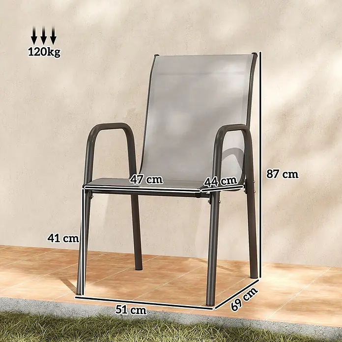 Outsunny Gartenstuhl-Set - 4 Stk., 100% Netzstoff, Stapelbar, Hellgrau - Grauer Mesh-Gartenstuhl mit schwarzem Metallgestell. Maße 87x51x69cm. Sitzhöhe 41cm. Max. Belastung 120kg.