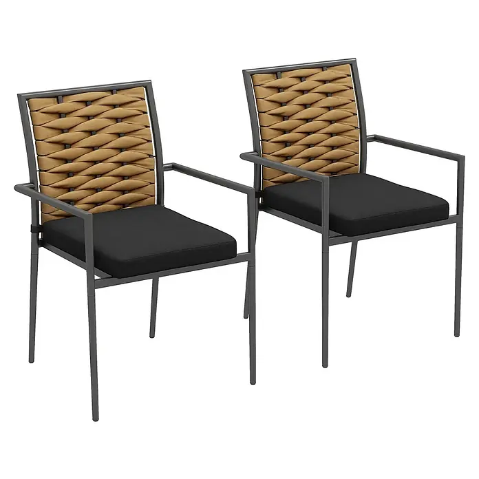 Outsunny Gartenstuhl-Set - 2 Stk., PE-Rattangeflecht, Mehrfarbig, B x T x H: 58 x 58 x 87 cm - Zwei dunkelgraue Metall-Sessel mit geflochtenen beigen Rückenlehnen und schwarzen Sitzkissen.