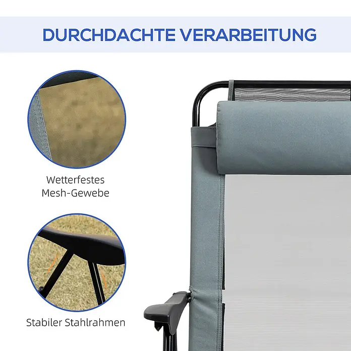 Outsunny Gartenstuhl-Set - 2 Stk., Oxfordstoff, Klappbar, Grau, B x T x H: 70 x 70 x 109 cm - Detailansicht eines Liegestuhls, hervorhebend wetterfestes Netzgewebe und stabilen Stahlrahmen.