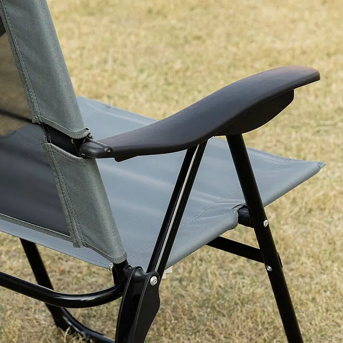 Outsunny Gartenstuhl-Set - 2 Stk., Oxfordstoff, Klappbar, Grau, B x T x H: 70 x 70 x 109 cm - Ein grauer Klapp-Campingstuhl mit schwarzen Armlehnen und Gestell.