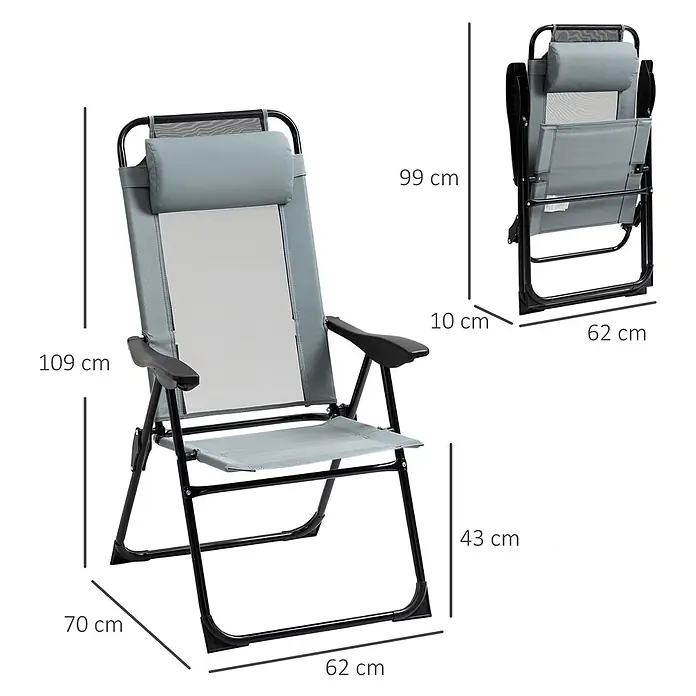 Outsunny Gartenstuhl-Set - 2 Stk., Oxfordstoff, Klappbar, Grau, B x T x H: 70 x 70 x 109 cm - Hellgrauer klappbarer Relaxsessel mit schwarzem Rahmen und Kopfkissen, offen und kompakt zusammengeklappt dargestellt, mit Maßen.