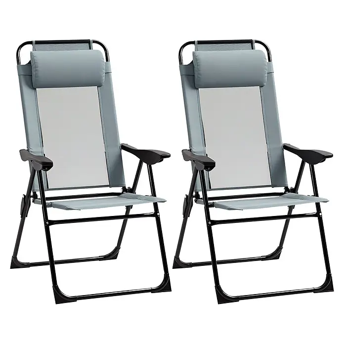 Outsunny Gartenstuhl-Set - 2 Stk., Oxfordstoff, Klappbar, Grau, B x T x H: 70 x 70 x 109 cm - Zwei hellblaue Klappstühle mit schwarzem Gestell, Armlehnen und Kopfkissen.