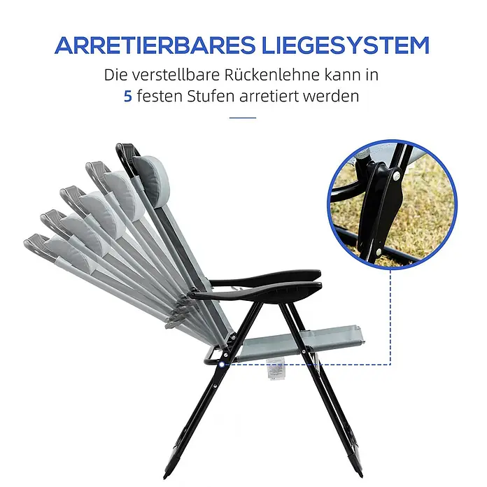 Outsunny Gartenstuhl-Set - 2 Stk., Oxfordstoff, Klappbar, Grau, B x T x H: 70 x 70 x 109 cm - Grauer Liegestuhl mit schwarzem Gestell. Rückenlehne zeigt 5 verstellbare Positionen mit Arretiersystem.