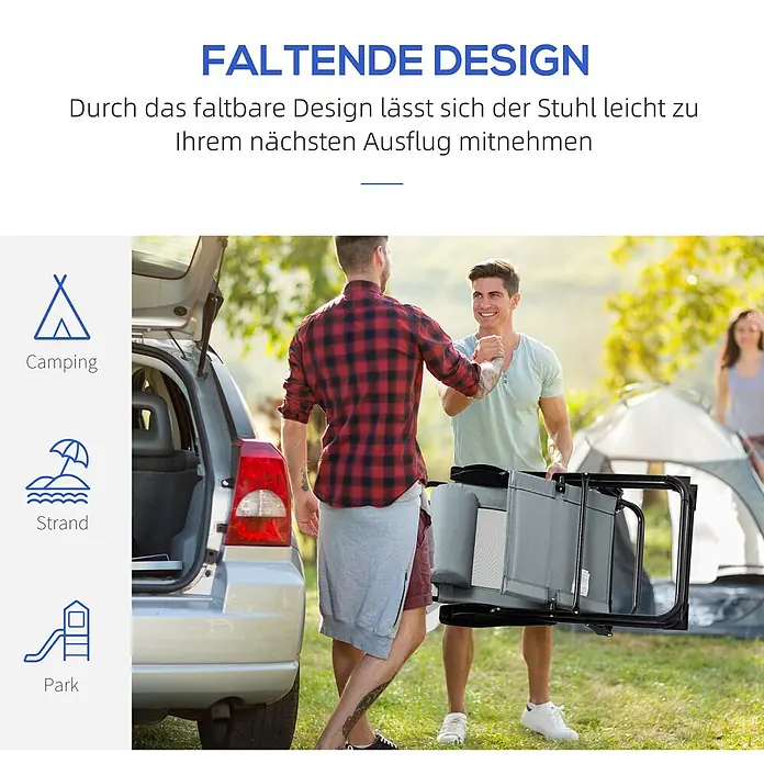 Outsunny Gartenstuhl-Set - 2 Stk., Oxfordstoff, Klappbar, Grau, B x T x H: 70 x 70 x 109 cm - Ein grauer Klappstuhl mit schwarzem Rahmen wird von einer Person im Freien getragen, was seine Tragbarkeit für Camping, Strand oder Park hervorhebt.