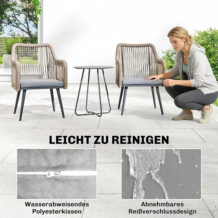 Outsunny Gartenstuhl-Set - 2 Stk., Stahl; PE-Rattan (Polyethylen-Geflecht, witterungsbeständig), Hellgrau, B x T x H: 54 x 65 x 80 cm - Outdoor-Sessel mit grauen, wasserabweisenden Polyesterkissen und Beistelltisch. Kissenbezüge sind abnehmbar und leicht zu reinigen.
