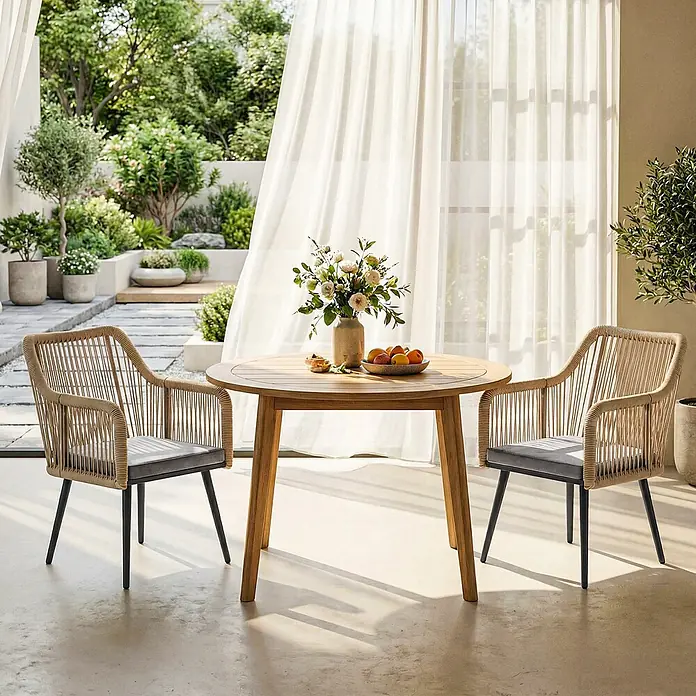 Outsunny Gartenstuhl-Set - 2 Stk., Stahl; PE-Rattan (Polyethylen-Geflecht, witterungsbeständig), Hellgrau, B x T x H: 54 x 65 x 80 cm - Ein runder Holztisch und zwei geflochtene Stühle mit dunkelgrauen Kissen auf einer Terrasse mit Gartenblick. Die Stühle haben schwarze Beine.