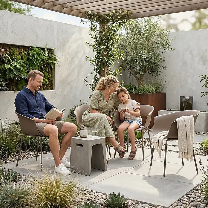 Outsunny Gartenstuhl-Set - 4 Stk., Metall, Kunststoff, Kaffee, B x T x H: 51 x 51 x 74 cm - Taupefarbene Gartenstühle und ein Beistelltisch aus Beton auf einer Terrasse, genutzt von einer Familie, die sich im Freien entspannt.