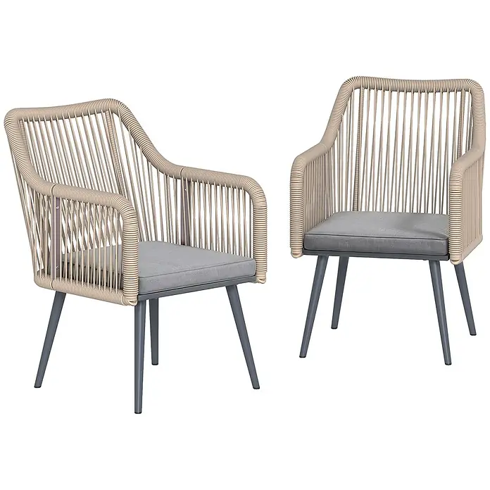 Outsunny Gartenstuhl-Set - 2 Stk., Stahl; PE-Rattan (Polyethylen-Geflecht, witterungsbeständig), Hellgrau, B x T x H: 54 x 65 x 80 cm - Zwei hellbeige Stühle aus geflochtenem Seil mit grauen Kissen und dunkelgrauen Metallbeinen.