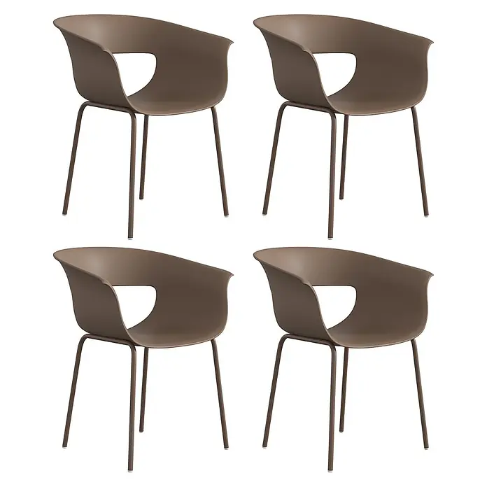 Outsunny Gartenstuhl-Set - 4 Stk., Metall, Kunststoff, Kaffee, B x T x H: 51 x 51 x 74 cm - Satz von vier braunen, modernen Stühlen mit geformten Kunststoffsitzen und schlanken Metallbeinen.