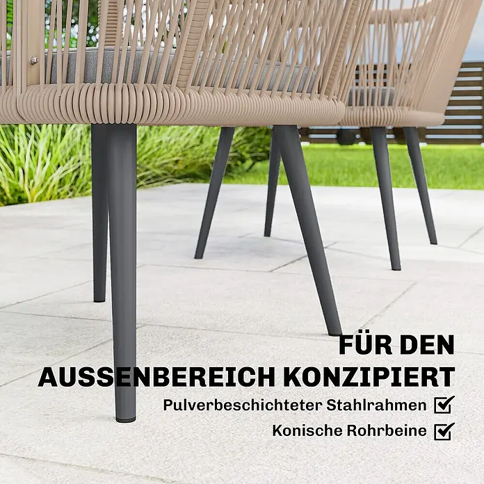 Outsunny Gartenstuhl-Set - 2 Stk., Stahl; PE-Rattan (Polyethylen-Geflecht, witterungsbeständig), Hellgrau, B x T x H: 54 x 65 x 80 cm - Zwei Outdoor-Stühle mit hellbraunem Geflecht, grauen Kissen und dunkelgrauen konischen Beinen auf einer Terrasse.