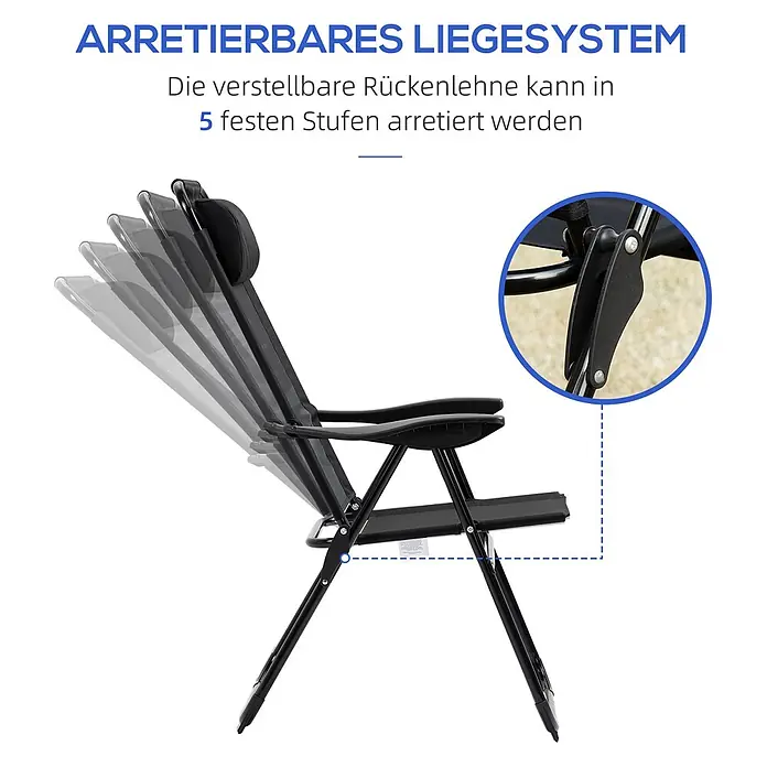 Outsunny Gartenstuhl-Set - 2 Stk., Oxfordstoff, Klappbar, Schwarz, B x T x H: 70 x 70 x 109 cm - Schwarzer Liegestuhl mit verstellbarer Rückenlehne in 5 Positionen und Verriegelungsmechanismus.