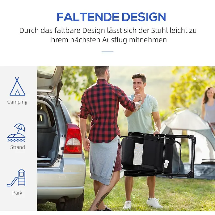 Outsunny Gartenstuhl-Set - 2 Stk., Oxfordstoff, Klappbar, Schwarz, B x T x H: 70 x 70 x 109 cm - Schwarzer faltbarer Outdoor-Stuhl wird von einem Mann getragen, geeignet für Camping, Strand oder Park.