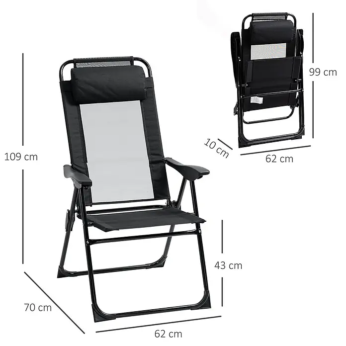 Outsunny Gartenstuhl-Set - 2 Stk., Oxfordstoff, Klappbar, Schwarz, B x T x H: 70 x 70 x 109 cm - Schwarzer Klappstuhl mit Netzrücken und -sitz, gepolsterter Kopfstütze, mit Maßen im gefalteten und ungefalteten Zustand.