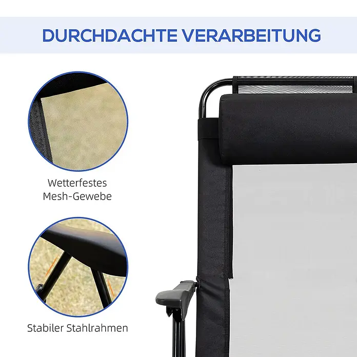 Outsunny Gartenstuhl-Set - 2 Stk., Oxfordstoff, Klappbar, Schwarz, B x T x H: 70 x 70 x 109 cm - Detailaufnahmen eines Stuhls mit stabilem schwarzem Stahlrahmen, strapazierfähigem Mesh-Gewebe (beige im Detail) und weißer Netzbespannung mit schwarzer Kopfstütze.
