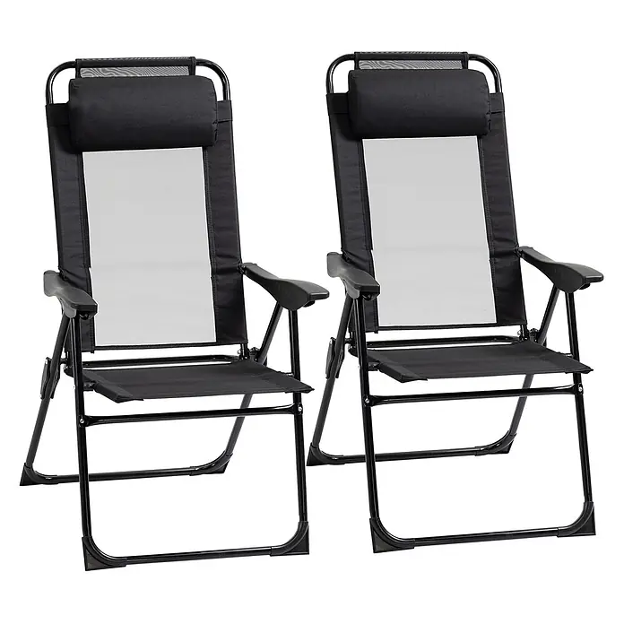 Outsunny Gartenstuhl-Set - 2 Stk., Oxfordstoff, Klappbar, Schwarz, B x T x H: 70 x 70 x 109 cm - Zwei schwarze Liegestühle mit Netzrückenlehnen und Kopfstützen, mit einem schwarzen Metallrahmen.