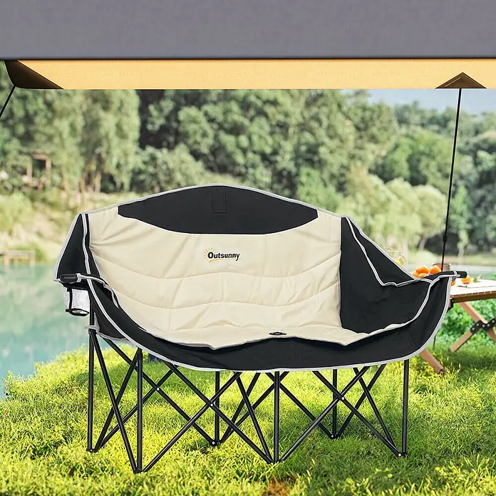 Outsunny Campingstuhl - 210g/m² 600D Oxford-Gewebe, Metall, Klappbar, Khaki - Outsunny Zweisitzer-Campingstuhl in Schwarz und Creme, mit Metallrahmen.