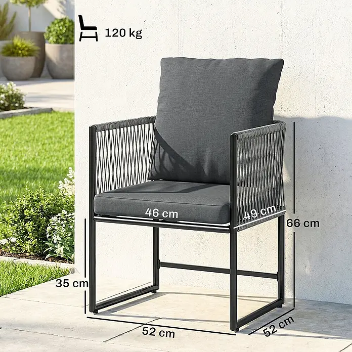 Outsunny Gartenstuhl-Set - 2 Stk., Stahl, PE-Rattan, Dunkelgrau - Dunkelgrauer Gartenstuhl mit Metallgestell, geflochtenen Details und weichen Kissen für den Außenbereich.