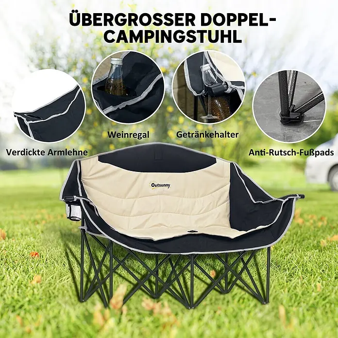 Outsunny Campingstuhl - 210g/m² 600D Oxford-Gewebe, Metall, Klappbar, Khaki - Outsunny übergroßer schwarz-beiger Doppel-Campingstuhl mit gepolsterten Sitzen, Becherhaltern und rutschfesten Füßen für Outdoor-Komfort.