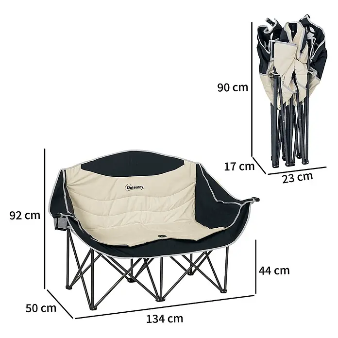 Outsunny Campingstuhl - 210g/m² 600D Oxford-Gewebe, Metall, Klappbar, Khaki - Gepolsterter Outsunny Doppel-Campingstuhl in Schwarz und Beige, offen und kompakt zusammengefaltet dargestellt.