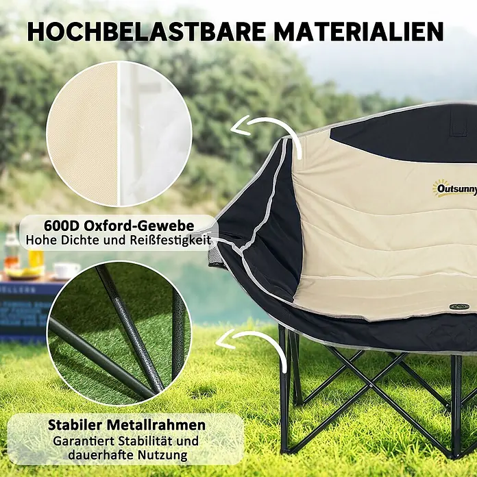 Outsunny Campingstuhl - 210g/m² 600D Oxford-Gewebe, Metall, Klappbar, Khaki - Beiger und schwarzer Klapp-Campingstuhl mit stabilem Metallrahmen und strapazierfähigem Oxford-Gewebe.