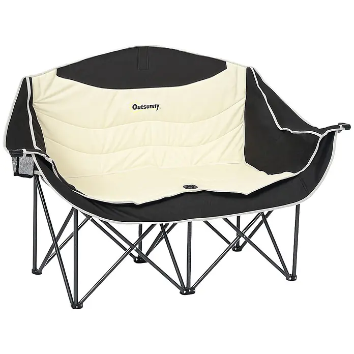 Outsunny Campingstuhl - 210g/m² 600D Oxford-Gewebe, Metall, Klappbar, Khaki - Zweisitzer Falt-Campingstuhl in Schwarz und Creme mit Metallgestell.