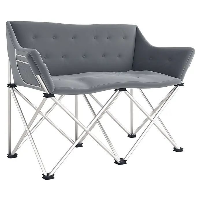 Outsunny Campingstuhl - Baumwolle, pulverbeschichtetes Metall, 600D Oxford-PE-Gewebe, Klappbar, Grau - Graues gepolstertes klappbares Camping-Sofa mit silbernem X-Gestell und Netztaschen.