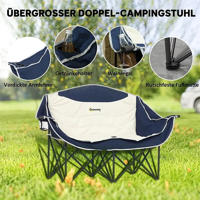 Outsunny Campingstuhl - Metall, Oxfordstoff, Klappbar, Blau - Übergroßer Doppel-Campingstuhl in Blau und Creme mit schwarzem Gestell, mit Getränkehaltern.