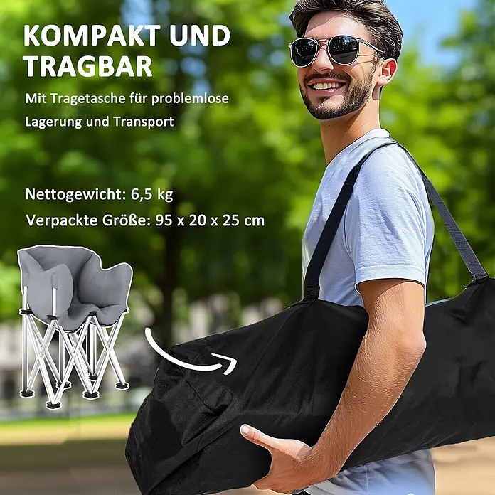 Outsunny Campingstuhl - Baumwolle, pulverbeschichtetes Metall, 600D Oxford-PE-Gewebe, Klappbar, Grau - Mann trägt einen tragbaren Klappstuhl in schwarzer Tragetasche für einfachen Transport. Einblendung zeigt den grauen gefalteten Stuhl.