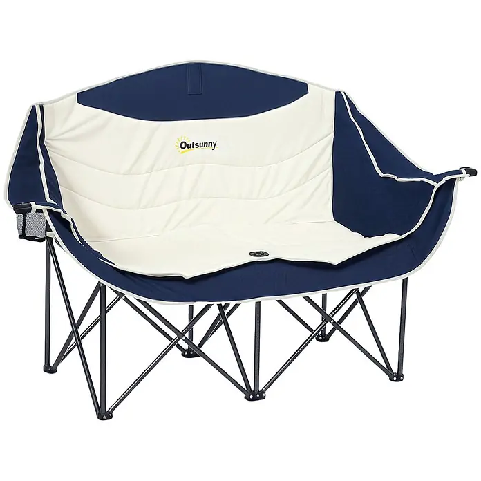 Outsunny Campingstuhl - Metall, Oxfordstoff, Klappbar, Blau - Dunkelblauer und cremefarbener, gepolsterter Klapp-Campingstuhl für zwei Personen mit dunklem Metallrahmen.