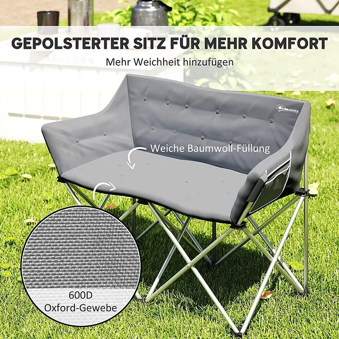 Outsunny Campingstuhl - Baumwolle, pulverbeschichtetes Metall, 600D Oxford-PE-Gewebe, Klappbar, Grau - Graue gepolsterte Faltbank aus 600D Oxford-Gewebe mit weicher Baumwollfüllung für Camping.