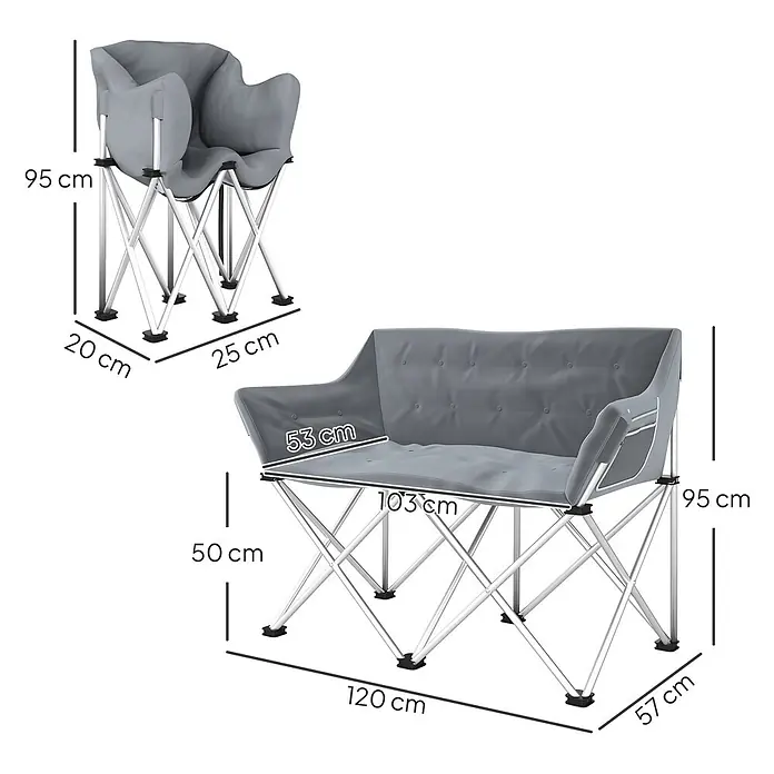 Outsunny Campingstuhl - Baumwolle, pulverbeschichtetes Metall, 600D Oxford-PE-Gewebe, Klappbar, Grau - Graue klappbare Campingstühle, Einzel- und Doppelsitz, mit Maßen dargestellt.