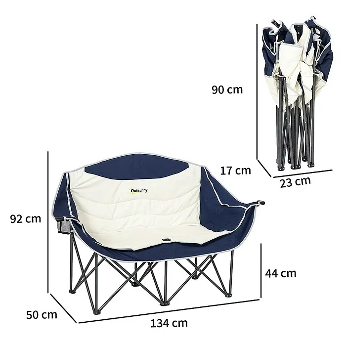 Outsunny Campingstuhl - Metall, Oxfordstoff, Klappbar, Blau - Blau-weißer, klappbarer Doppel-Campingstuhl mit Metallgestell, geöffnet (134x50x92 cm) und zusammengeklappt (23x17x90 cm) dargestellt.