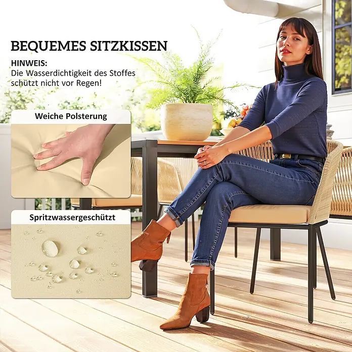 Outsunny Gartentisch-Set 4-tlg. mit waschbaren Kissen - Gesamtumfang: 5 -tlg., Akazienholz, Stahl, Polyester, Schaumstoff, PE-Rattan - Beiges, weiches Sitzkissen für den Außenbereich, spritzwassergeschützt, aber nicht regendicht.
