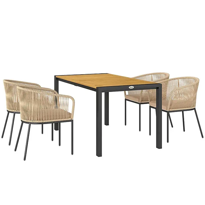 Outsunny Gartentisch-Set 4-tlg. mit waschbaren Kissen - Gesamtumfang: 5 -tlg., Akazienholz, Stahl, Polyester, Schaumstoff, PE-Rattan - Outdoor-Esstischgruppe: rechteckiger Holztisch mit dunklem Gestell und vier Stühle mit beigem Seilgeflecht und dunklen Gestellen.