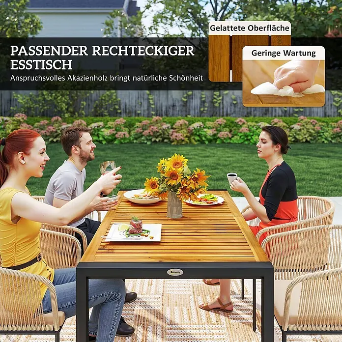 Outsunny Gartentisch-Set 4-tlg. mit waschbaren Kissen - Gesamtumfang: 5 -tlg., Akazienholz, Stahl, Polyester, Schaumstoff, PE-Rattan - Rechteckiger Akazienholz-Esstisch mit dunklem Metallgestell, von Personen im Garten genutzt.
