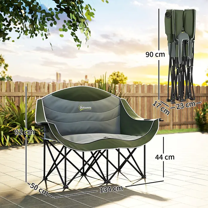 Outsunny Campingstuhl - Metall, Oxfordstoff, Klappbar, Grün - Grüner/grauer klappbarer Doppel-Campingstuhl, offen (134x92x50 cm) und gefaltet (90x23x17 cm) gezeigt.