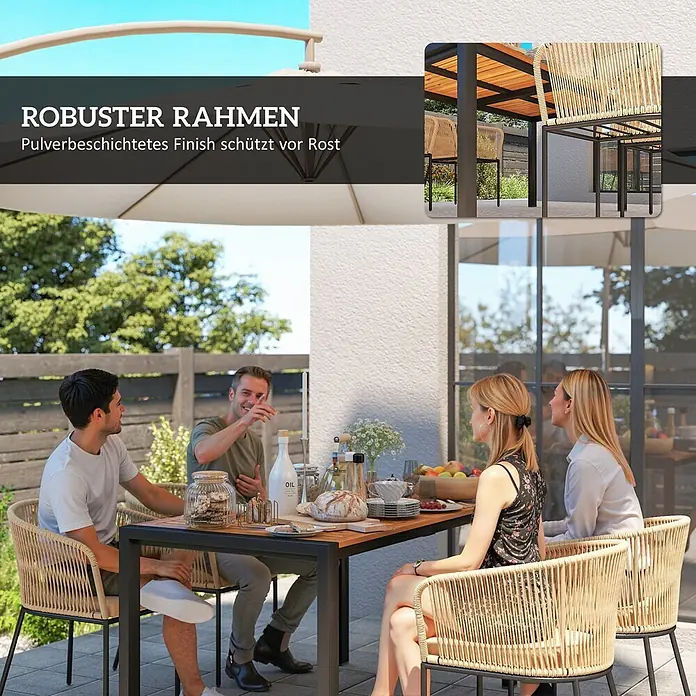 Outsunny Gartentisch-Set 4-tlg. mit waschbaren Kissen - Gesamtumfang: 5 -tlg., Akazienholz, Stahl, Polyester, Schaumstoff, PE-Rattan - Menschen speisen im Freien an einem pulverbeschichteten Esstisch und geflochtenen Seilstühlen unter einem Schirm. Robuster, rostbeständiger Rahmen.