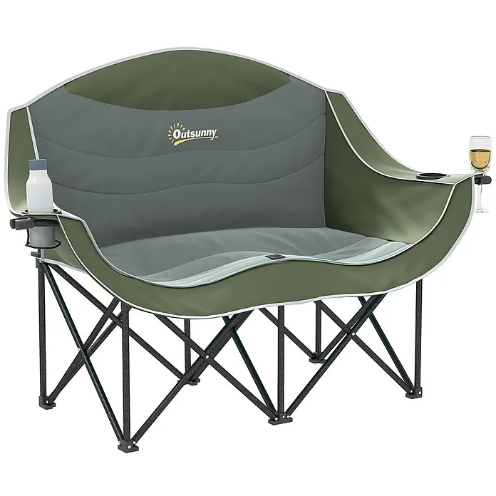 Outsunny Campingstuhl - Metall, Oxfordstoff, Klappbar, Grün - Grün-grauer doppelter Campingstuhl mit integrierten Getränkehaltern und Weinglashalter.