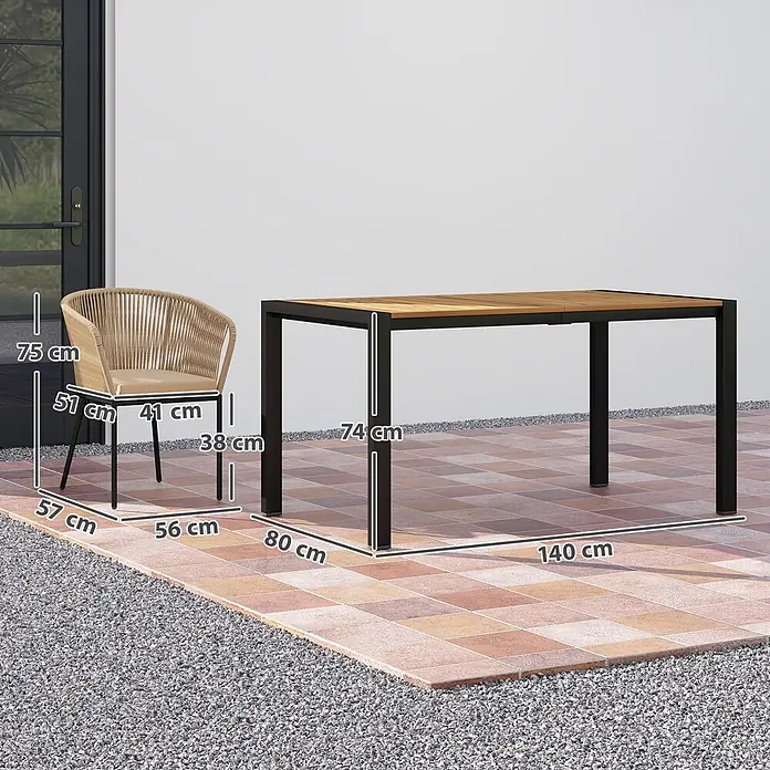Outsunny Gartentisch-Set 4-tlg. mit waschbaren Kissen - Gesamtumfang: 5 -tlg., Akazienholz, Stahl, Polyester, Schaumstoff, PE-Rattan - Outdoor-Essgruppe mit rechteckigem Holztisch und geflochtenem Seilstuhl, Maße angegeben.