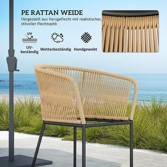 Outsunny Gartentisch-Set 4-tlg. mit waschbaren Kissen - Gesamtumfang: 5 -tlg., Akazienholz, Stahl, Polyester, Schaumstoff, PE-Rattan - Beiger PE Rattan Outdoor-Stuhl mit schwarzem Gestell, wetterbeständig.
