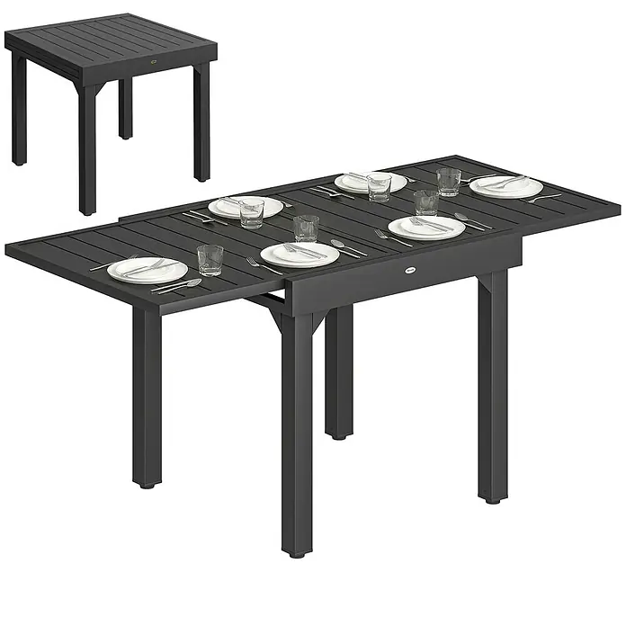 Outsunny Gartentisch - L x B x H: 160 x 80 x 75 cm, Aluminium, Stahl, Schwarz - Dunkelgrauer ausziehbarer Terrassentisch aus Metall, kompakt und ausgezogen gedeckt dargestellt.