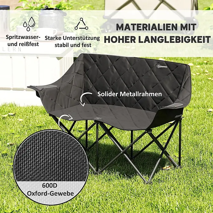 Outsunny Campingstuhl - 600D Oxford-Gewebe, Metall, Klappbar, Schwarz - Schwarzer gesteppter Klapp-Campingstuhl für zwei Personen mit robustem Metallrahmen und 600D Oxford-Gewebe.