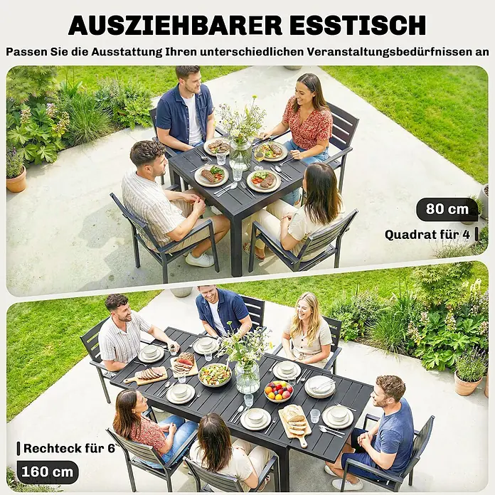 Outsunny Gartentisch - L x B x H: 160 x 80 x 75 cm, Aluminium, Stahl, Schwarz - Dunkelgrauer ausziehbarer Gartentisch, im Quadrat für 4 und als Rechteck für 6 Personen gezeigt.