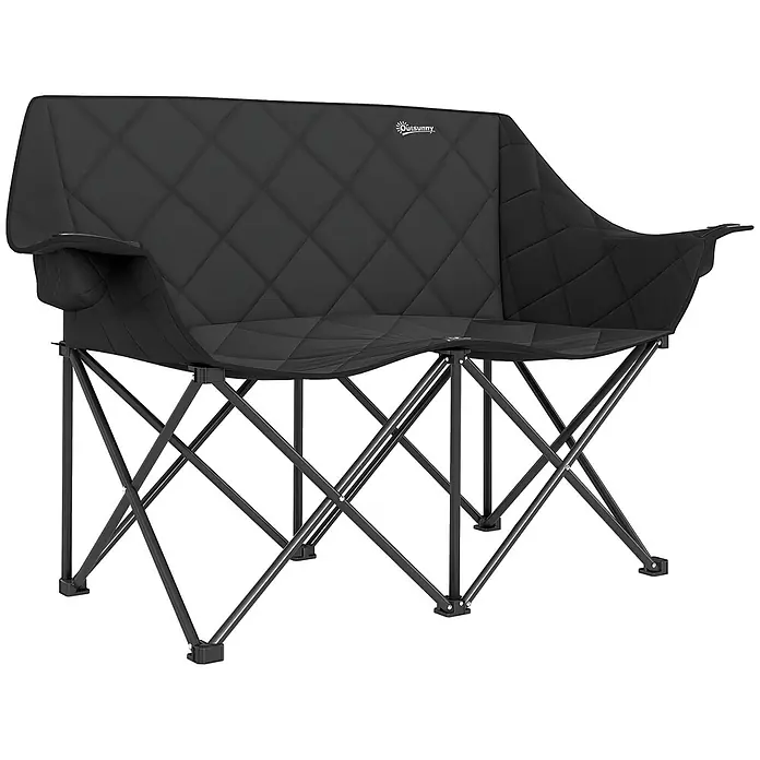 Outsunny Campingstuhl - 600D Oxford-Gewebe, Metall, Klappbar, Schwarz - Schwarzes gestepptes Klapp-Liebessofa mit stabilem Metallrahmen, ideal für Camping oder Outdoor-Sitzgelegenheiten.