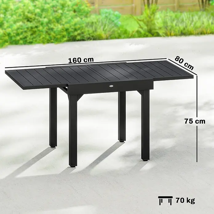 Outsunny Gartentisch - L x B x H: 160 x 80 x 75 cm, Aluminium, Stahl, Schwarz - Schwarzer Gartentisch mit Lamellenplatte, 160x80x75 cm groß, 70 kg schwer.